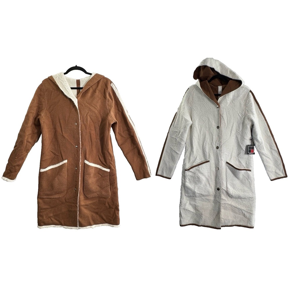 NWT CARRE NOIR Women Reversible Faux Fur Coat Sz M White Brown Versatile 82-23